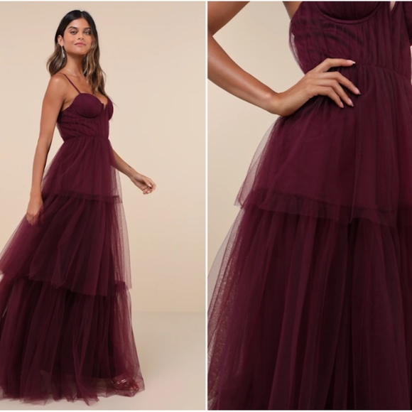 LULU's Prom Wedding Boho Sexy Flowy Elegant Tiered Ruffles Tulle Chic Dress - Picture 6 of 8